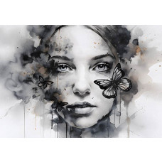 Ein Porträt einer Frau mit einem Schmetterling, kunstvoll festgehalten auf einer eleganten Fototapete.