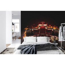 Fototapete eines feurigen Formel-1-Autos in einem energetischen Schlafzimmer.