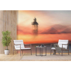 Eine Fototapete mit einem Leuchtturm im Abendlicht in einem Geschäftszimmer.