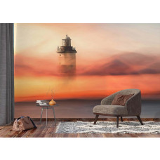 Eine Fototapete mit einem Leuchtturm im Abendlicht in einem Jugendzimmer.