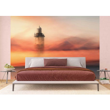 Eine Fototapete mit einem Leuchtturm im Abendlicht in einem Schlafzimmer.
