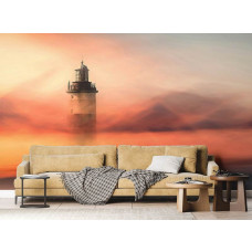 Eine Fototapete mit einem Leuchtturm im Abendlicht in einem Wohnzimmer.