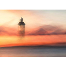 Eine Fototapete mit einem Leuchtturm im Abendlicht.