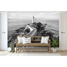 Eine Fototapete mit einem Leuchtturm am Meer mit einer Landschaft für das Wohnzimmer.