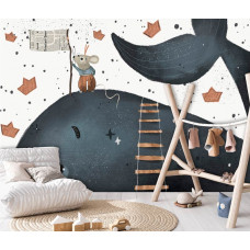 Eine Fototapete mit einem Wal und einer Maus in einer magischen Umgebung, ideal für ein Babyzimmer.