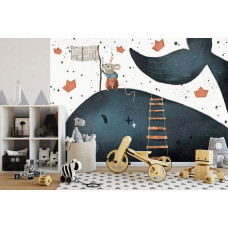 Eine Fototapete mit einem Wal und einer Maus in einer phantasievollen Umgebung, besonders für ein Jungenzimmer.