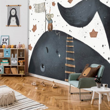 Eine Fototapete mit einem Wal und einer Maus in einer bezaubernden Umgebung, perfekt für ein Kinderzimmer.