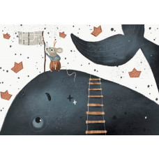 Eine Fototapete mit einem Wal und einer Maus, die in einer spielerischen und phantasievollen Szene spielen, perfekt für ein Kinderzimmer.