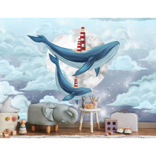 Eine Fototapete von Wal-Träumen mit einem Leuchtturm, Mond und Wolken in einem Kinderzimmer in einem Kinderzimmer.Fototapete Wal-Träume mit Leuchtturm, Mond und Wolken in einem Kinderzimmer.