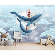 Fototapete Wal-Träume mit Leuchtturm, Mond und Wolken in einem Kinderzimmer.