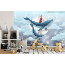 Fototapete Wal-Träume mit Leuchtturm, Mond und Wolken in einem Kinderzimmer.