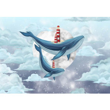 Kindertapete mit einer verträumten Szene von einem Wal, der an einem Leuchtturm vorbeischwimmt, mit dem Mond und den Wolken im Hintergrund.