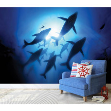 Eine Fototapete mit Walen im Meer für das Wohnzimmer.