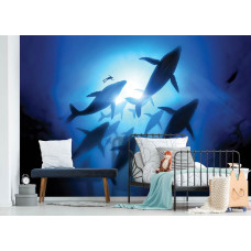 Eine Fototapete mit Walen im Meer für das Kinderzimmer.