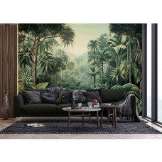 Ein Fototapete mit einem Aquarell-Dschungel im Wohnzimmer, bei dem grüne Aquarellblätter und tropische Akzente eine natürliche und harmonische Atmosphäre schaffen.