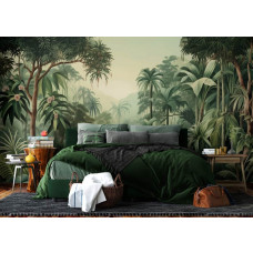 Ein Fototapete mit einem Aquarell-Dschungel im Schlafzimmer, bei dem die raffinierten Pinselstriche und tropischen Pflanzen eine verträumte und entspannende Atmosphäre schaffen.