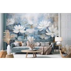 Eine Fototapete mit Seerosen in einem Blumengemälde im Kunststil im Wohnraum.