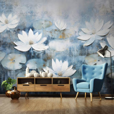 Eine Fototapete mit Seerosen in einem Blumengemälde im Kunststil im Wohnzimmer und Schlafzimmer.