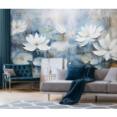 Eine Fototapete mit Seerosen in einem Blumengemälde im Kunststil im Wohnzimmer.