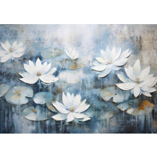 Fototapete mit einem Gemälde von Seerosen, in einer künstlerischen Komposition mit Blumen auf einem ruhigen Teich.