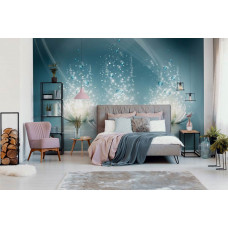 Eine Fototapete mit Seerosen in einer künstlerischen Umgebung für das Schlafzimmer.