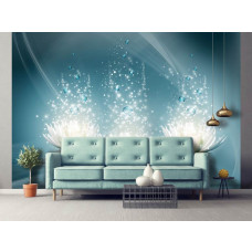 Eine Fototapete mit einer künstlerischen Darstellung von Seerosen in einem Wohnzimmer.