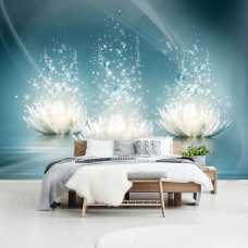 Eine Fototapete mit abstrakten Seerosen, perfekt für ein ruhiges Schlafzimmer.