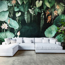 Fotobehang van waterlelies tussen tropische bladeren in een stijlvol en inspirerend kantoor.