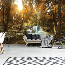 Eine Fototapete mit einem Wasserfall in einem Herbstwald mit Bäumen und einem Baum im Wohnzimmer.