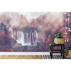 Eine ruhige Darstellung eines Wasserfalls in einem Herbstwald, ideal für eine Küche.