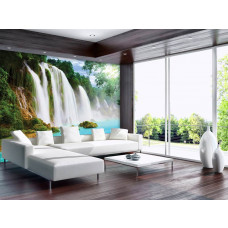 Eine Fototapete mit einem Wasserfall im Dschungel-Thema.
