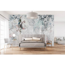 Ein Fototapet von üppigen Blumen und Pflanzen auf einer Betonstruktur in einem Schlafzimmer.