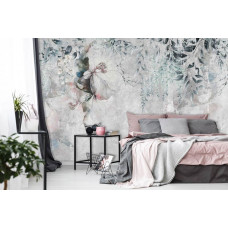 Ein Fototapet von üppigen Blumen und Pflanzen auf einer Betonstruktur in einem Schlafzimmer mit Vliesbehang.