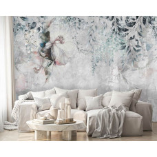 Ein Fototapet von üppigen Blumen und Pflanzen auf einer Betonstruktur in einem Wohnzimmer.