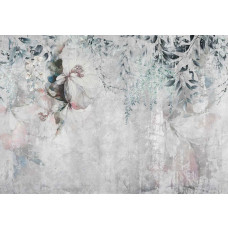 Ein Fototapet von üppigen Blumen und Pflanzen auf einer Betonstruktur.