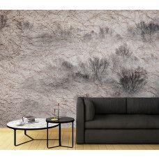 Fotobehang met een serene weide in mist en donkere bomen in beige tinten