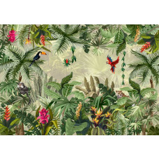 Fototapete mit Tieren, umgeben von tropischen Pflanzen, perfekt für eine botanische Atmosphäre.