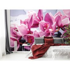 Eine Wellness-Fototapete mit einem Spa und einer Sauna mit Blumen und Steinen, die im Schlafzimmer zu sehen ist.