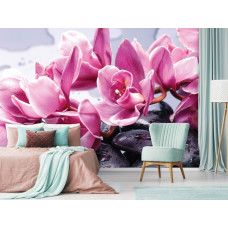 Eine Wellness-Fototapete mit einem Spa und einer Sauna mit Blumen und Steinen, die im Schlafzimmer und im Wohnzimmer zu sehen ist...