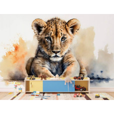 Fototapete mit einem Welpen in einem Babyzimmer. Diese Fototapete zeigt einen jungen Löwen vor einem Hintergrund voller schöner Farben.