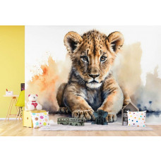 Fototapete mit einem Löwenjungen im Kinderzimmer. Diese Fototapete zeigt einen jungen Löwen mit einem Hintergrund voller leuchtender Farben.