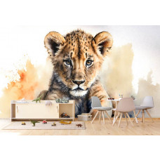 Ein Spielzimmer mit einer Fototapete mit einem Löwenjungen. Diese Fototapete zeigt einen jungen Löwen mit einem Hintergrund voller schöner Farben.