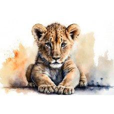 Fototapete mit einem Jungen. Diese Fototapete zeigt einen jungen Löwen mit einem Hintergrund voller schöner Farben.