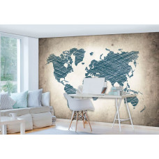 Eine Fototapete mit einer grauen Weltkarte im abstrakten Stil mit Details von Ländern und Städten.