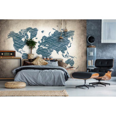 Eine Fototapete mit einer abstrakten grauen Weltkarte in einem modernen Schlafzimmer.