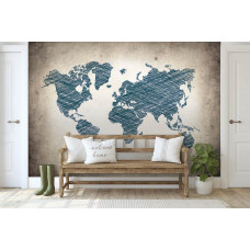 Eine Fototapete mit einer grauen Weltkarte der Erde im abstrakten Stil, ideal für ein Wohnzimmer.