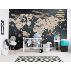 Fototapete Weltkarte mit Tieren und Luftballons