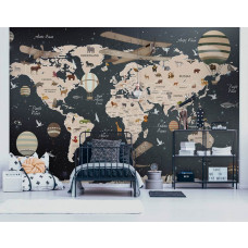 Eine Kindertapete mit einer verspielten Weltkarte mit Luftballons, speziell für ein Babyzimmer entworfen...