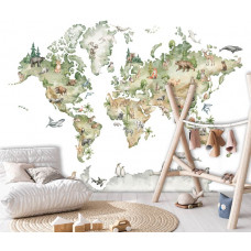 Eine Fototapete mit einer Weltkarte und Tieren, perfekt für ein Jungenzimmer.