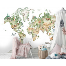 Eine Fototapete mit einer Weltkarte und fröhlichen Tieren, ideal für ein Kinderzimmer oder ein Mädchenzimmer.